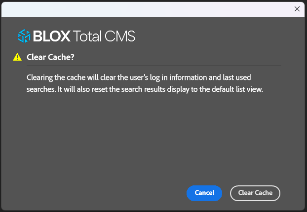 Clear Cache dialog